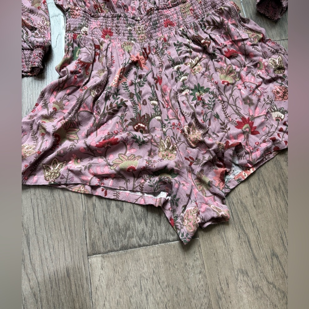 Free People Floral Flow Short Romper Off the Shoulder - Pink and Green - Picture 3 of 7